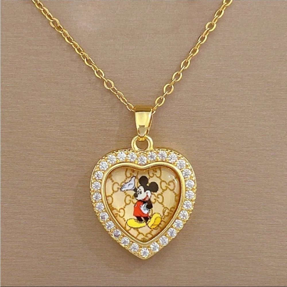 18K Gold Plated Diamond Mickey In Heart With Monogram Background